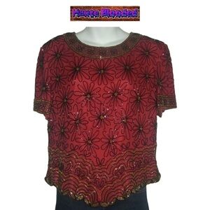 Vintage Adrianna Papell Boutique Red Silk Blouse Beaded Floral Flapper 20's VTG